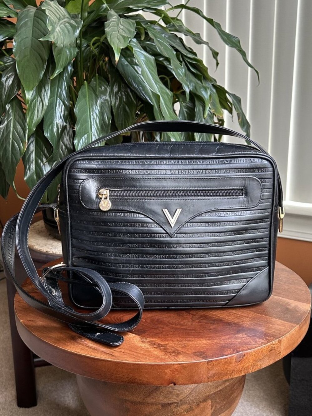 VALENTINO Embossed Leather Camera Bag, Black